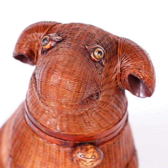 Mid century Chinese puppy box from the Shanghai collection ambitiously crafted in bamboo wicker with carved wood feet and...