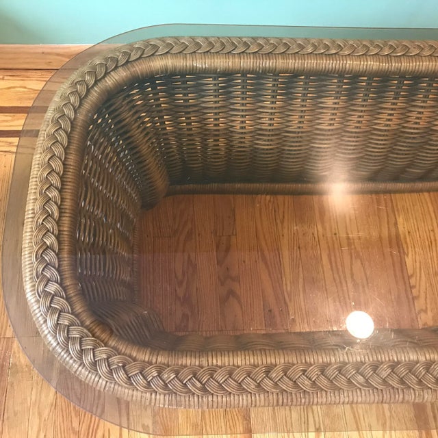 Boho Chic 1970s Oval Boho Rattan Wicker Coffee Table Glass Top California For Sale - Image 3 of 4