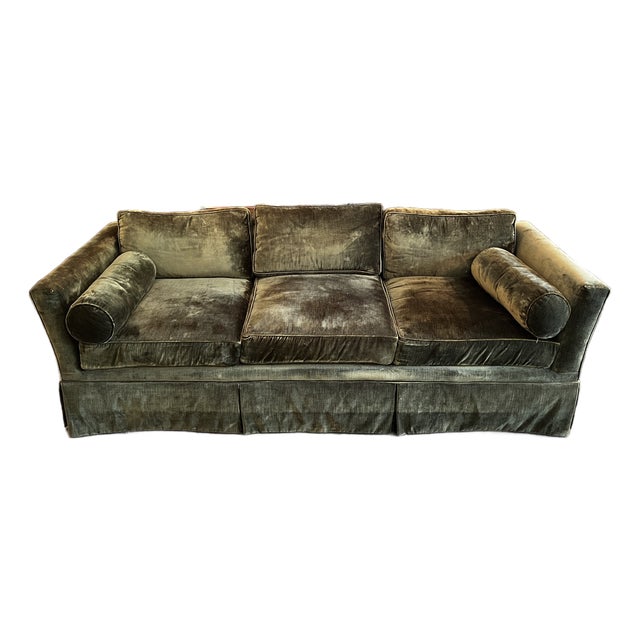 Vintage Moss Green Velvet Skirted 3-Seat Sofa For Sale
