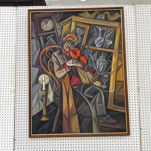Striking vintage modernist / cubist style painting featuring a seated woman surrounded by abstract interior objects and...