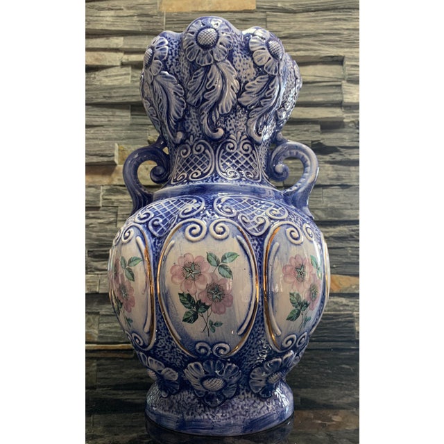 MidCentury Italian Blue and White Floral Embossed Ceramic Vase With