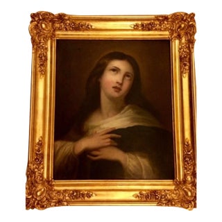 Antique Devotional Portrait of a Female Saint (Possibly Mary Magdalene) in a 24-Carat Gold Leaf Frame – Fully Restored For Sale