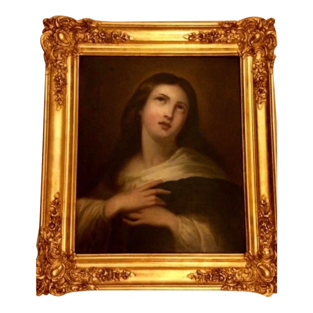 Antique Devotional Portrait of a Female Saint (Possibly Mary Magdalene) in a 24-Carat Gold Leaf Frame – Fully Restored For Sale