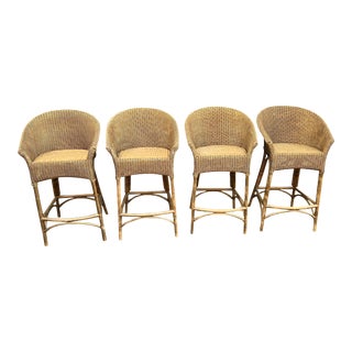 Mid 20th Century Wicker Rattan High Bar Stools - Set of 4 For Sale