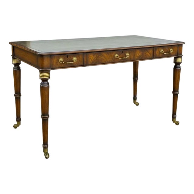 English Regency Style Tolled Leather and Walnut Writing Desk Table For Sale