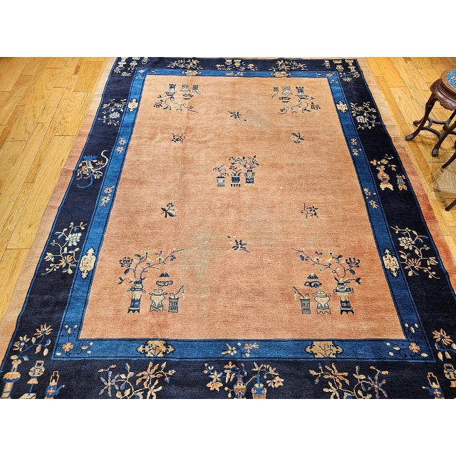 Antique Chinese Peking Rug, Hand-Knotted Wool, Pale Peach, Navy, 9' x 12' For Sale In Chicago - Image 6 of 18