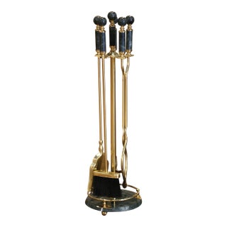 Mid-Century French Brass and Green Marble Five-Piece Fireplace Tool Set For Sale
