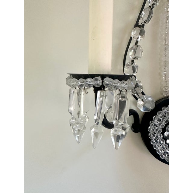 Pair Classical Sconces With Lyre Shape, Circa 1920, Black Iron With Crystal, Restored. For Sale - Image 4 of 7