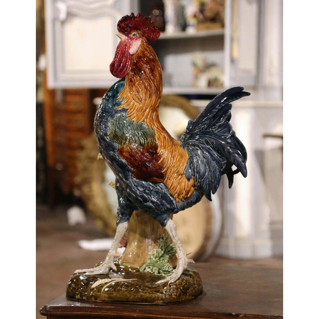 19th Century French Painted Faience Rooster With Vase Signed Paul Comolera For Sale In Dallas - Image 6 of 12