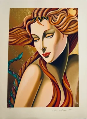 1970s "Eve" Moser Art Deco Revival Style Figurative Hand Signed Serigraph With Gold-Foil Stamping