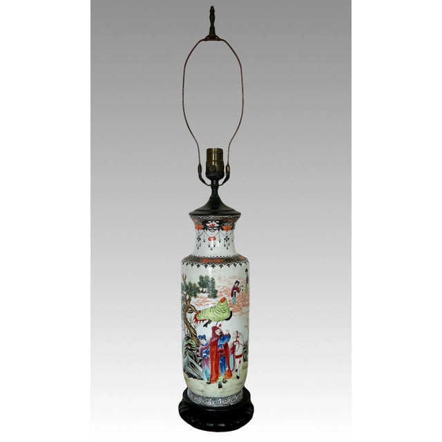 Chinoiserie The Heavenly Musicians, Antique Chinese Republic Period Famille Rose Porcelain Table Lamp For Sale - Image 3 of 13