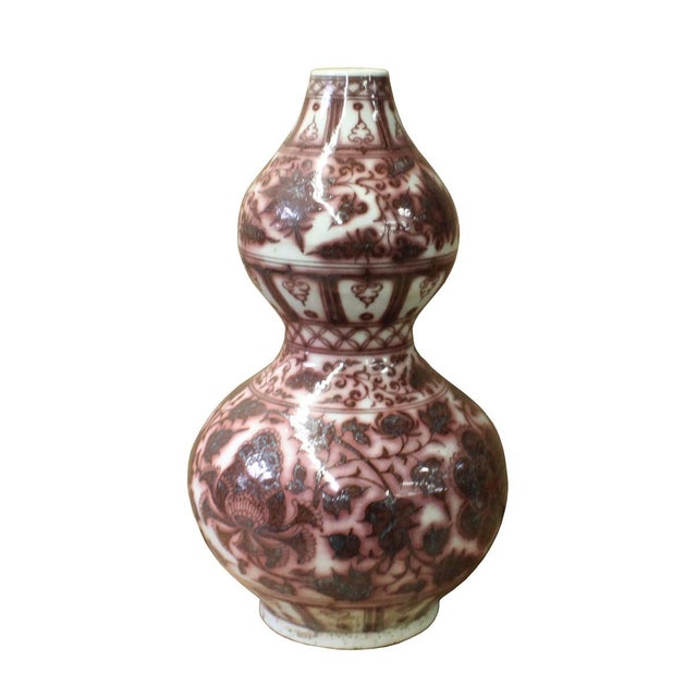 Chinese Ox Blood Red Glazed Floral Graphic Gourd Shape Porcelain Vase