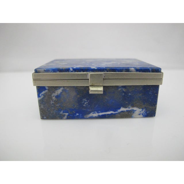 Small Lapis Lazuli Ring Pill Trinket Box With Silver Metal Trim & Hinged Lid For Sale - Image 4 of 9