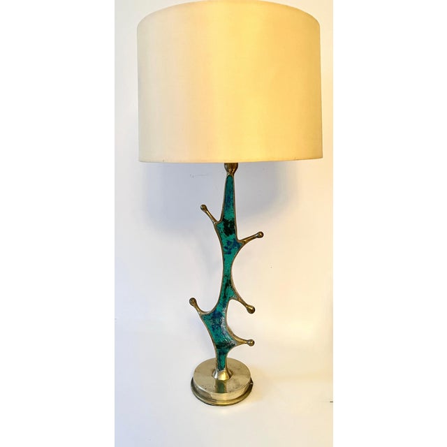 Mid-Century Modern Brass and Turquoise Table Lamp by Mexican Artist, Pepe Mendoza, ca 1950 For Sale - Image 3 of 7
