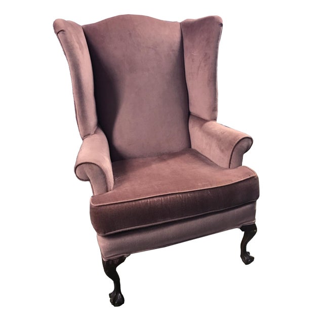 Vintage Mauve Velvet Upholstered Wingback Chair With Wood ...