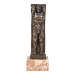 Art Deco Bronze Telamon Sculpture on Rectilinear Variegated Rose Hue Marble Base For Sale