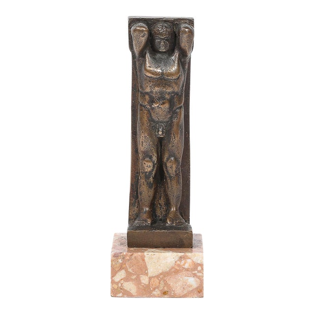 Art Deco Bronze Telamon Sculpture on Rectilinear Variegated Rose Hue Marble Base For Sale