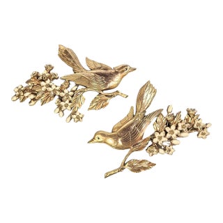 Golden Birds on Dogwood Wall Art- Set of Two For Sale