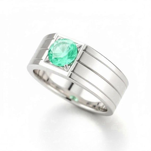 Modern Emerald Solitaire Ring for Men Silver, Gold, Size 10 For Sale - Image 3 of 5