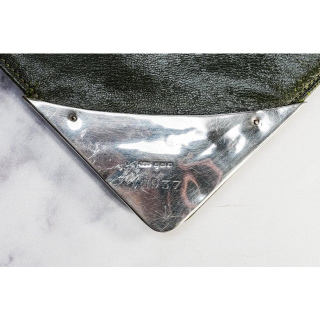 English Stately Green Moroccan Leather Antique English Desk Blotter Folder Sterling Silver Luxury Office Decor For Sale - Image 3 of 14