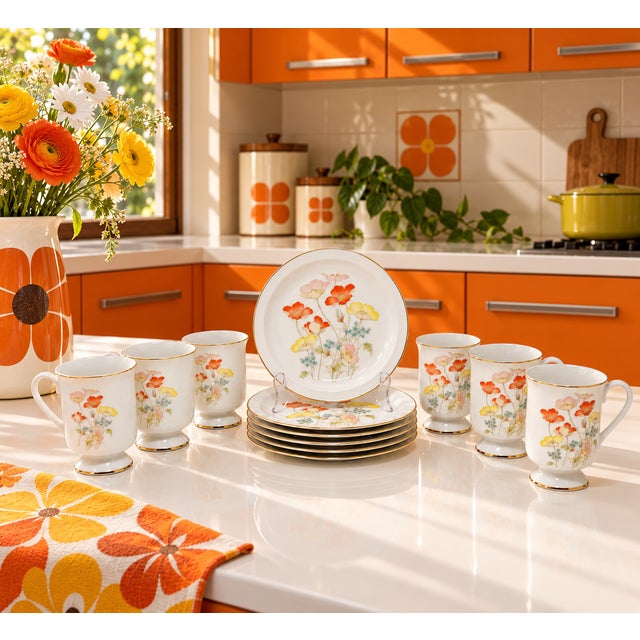 A vintage set of six salad plates and six cups in the "Painted Poppy" pattern by Japan Porcelain, featuring multi-color...