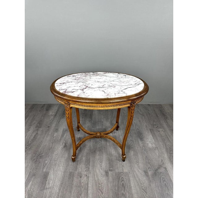 19th Century Louis XVI Oval Pedestal Table in Carved Wood and Marble, 1890s For Sale - Image 3 of 9