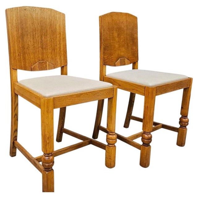 Art Deco British Oak Panel Back Side Chairs, 1930, Set of 2 For Sale - Image 3 of 9