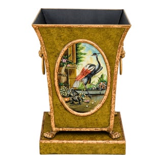 Vintage Castilian Imports Regency Tole Cachepot With Crane & Monkey Medallion, Lion Head Handles For Sale