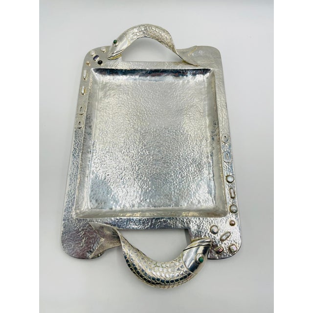 1980s Emilia Castillo Silver-Plated Serving Tray With Fish Handles & Abalone Inlay For Sale In Los Angeles - Image 6 of 18