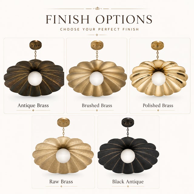 Scalloped Brass Semi Flush Ceiling Light, Vintage Flower Pendant Fixture With Milk Glass Globe For Sale - Image 10 of 12