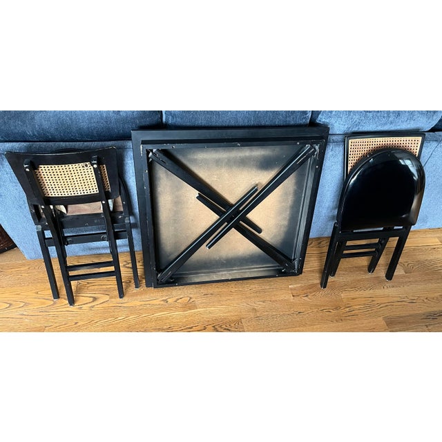 1950s Vintage Stakmore Folding Game Table Set. Cane-Back Seating & Jet-Black Gloss Vinyl - Set of 3 For Sale - Image 11 of 12