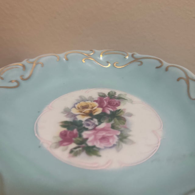 Vintage French Style Turquoise Porcelain Pedestal Dish With Floral Medallion and Gilt Rim For Sale In Minneapolis - Image 6 of 7