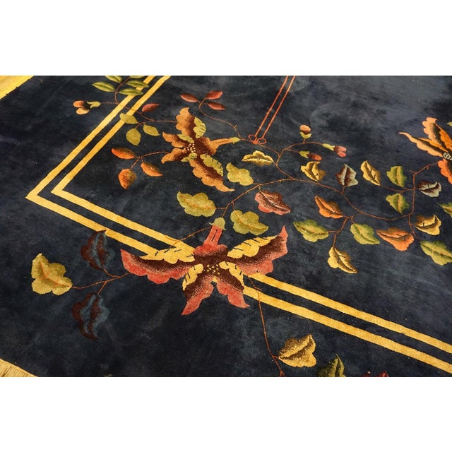 1920s Beautiful Botanical Pattern With Navy Background Color Antique Chinese Art Deco Rug For Sale - Image 5 of 12