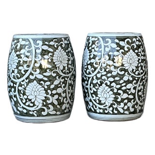 Vintage Glazed Ceramic Floral Garden Stool - A Pair For Sale