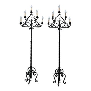 Oscar Bach Style Wrought Iron Floor Lamps Torchiere a Pair For Sale