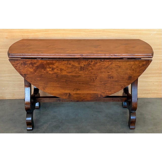 Brown Spanish 20th Century Walnut Drop-Leaf Table with round Top and Lyre Legs For Sale - Image 8 of 18