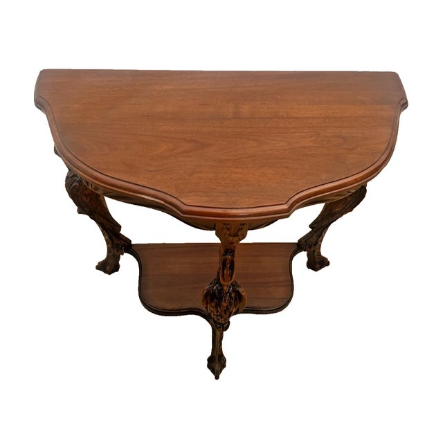 Vintage Demilune Console Half Moon Table, Walnut Top, Bottom Shelf, Carved Swan For Sale - Image 4 of 12