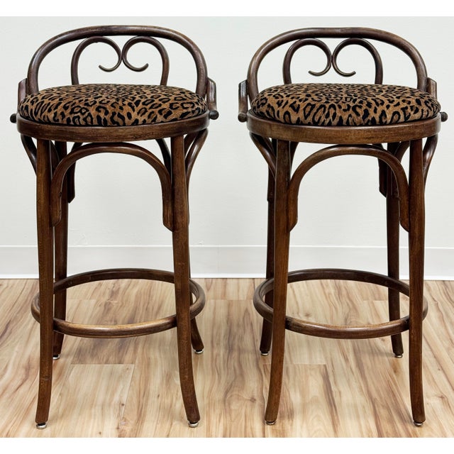 Mid-Century Modern Vintage Velvet Leopard Print Bentwood Bar Stools, a Pair For Sale - Image 3 of 9