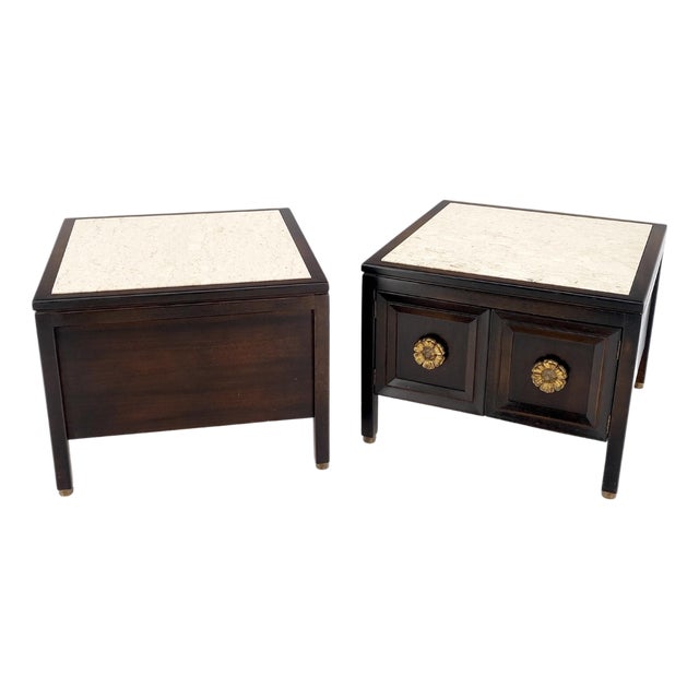 Pair Square Marble Top 2 Door Nightstands End Tables Large Decorative Pulls Mint For Sale