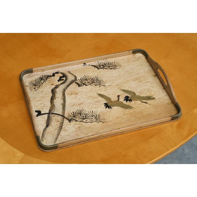 Art Deco Tray with Birds and Foliage Theme in Wood and Brass 1940s. A wonderful art deco tray in wood and brass with a...