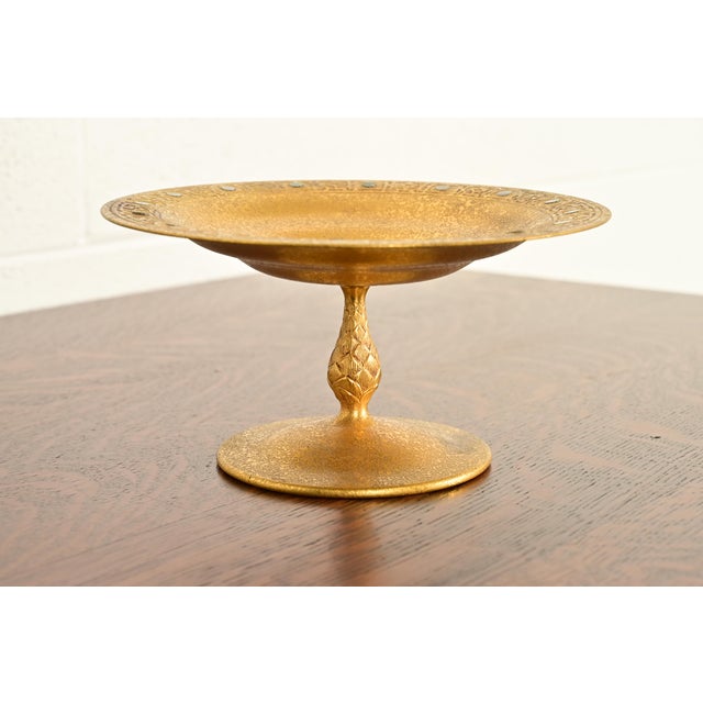 Metal Tiffany Studios New York Bronze Doré Pedestal Bowl or Compote Dish With Abalone Inlay For Sale - Image 7 of 14