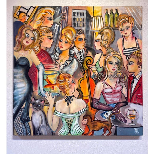 Urban Party captures a lively social scene filled with elegantly dressed figures engaged in conversation and merriment....