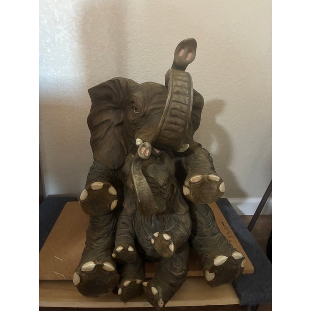Vintage Resin Mother and Baby Elephant Statue With Trunks Raised For Sale - Image 10 of 16