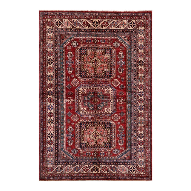 Tribal Super Kazak Red/Beige Wool Rug - 4'10'' X 6'6'' For Sale