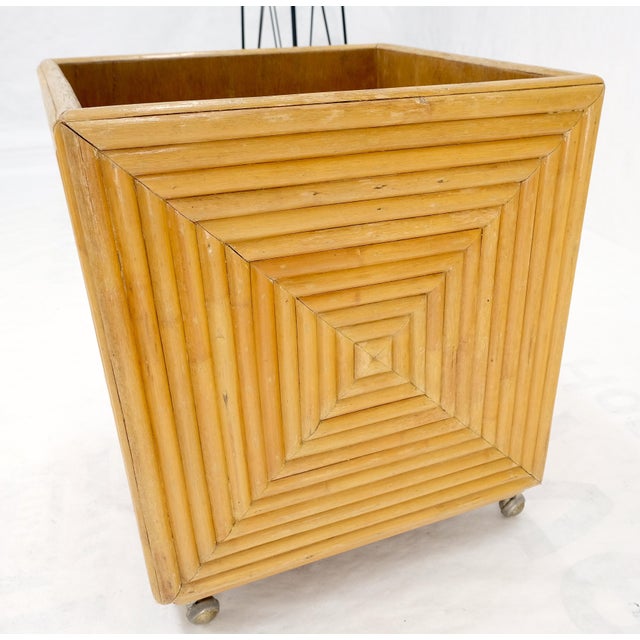Mid-Century Modern Reed Bamboo Rattan Square Cube Shape Planter Stand on Wheels For Sale - Image 4 of 12