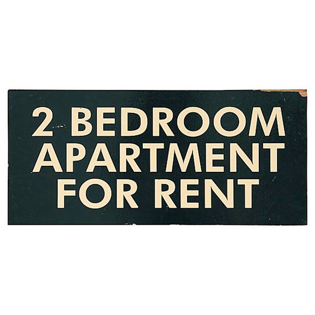 Vintage blue and white two s-ided hand lettered wood sign for 2 bedroom apartment for rent. Sign has chips and scratches.