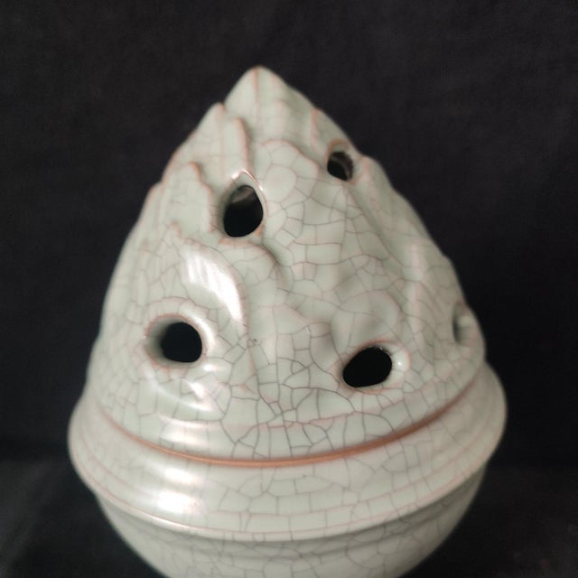 Early 20th Century Chinese Ceramic Censer,Guan Ware Crackle Glaze Celadon Porcelain Incense Burner Hand Carved Flowers Pattern For Sale - Image 5 of 10