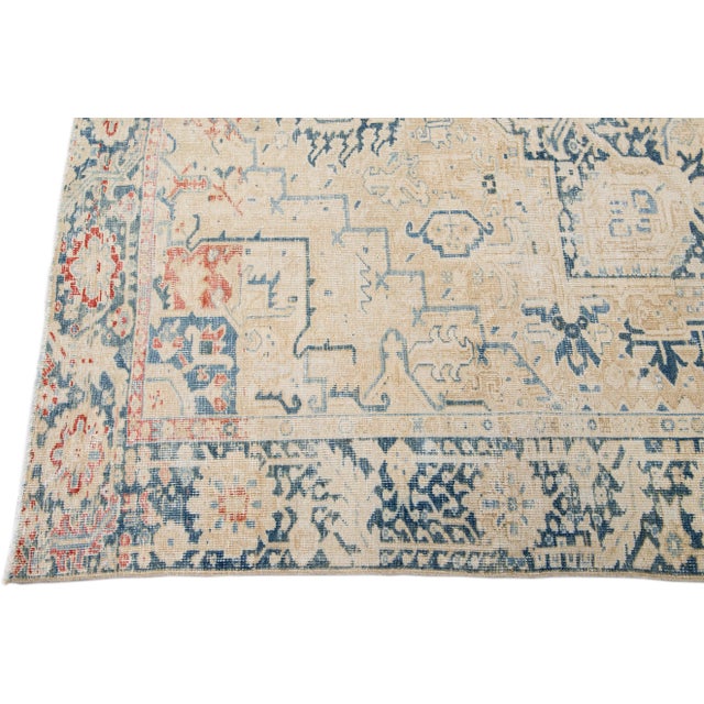 Beige Antique Persian Heriz Shabby Chic Handmade Wool Rug For Sale - Image 4 of 11