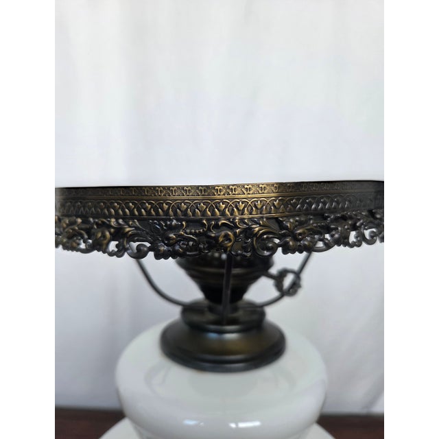 White Antique Victorian Milk Glass Floral Electrified Oil Lamp W/ Spelter Base For Sale - Image 8 of 9