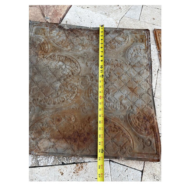Victorian Salvage Tin Ceiling Tiles – Ornate Scroll & Diamond Lattice Design – Original Architectural Victorian Antique For Sale - Image 3 of 12